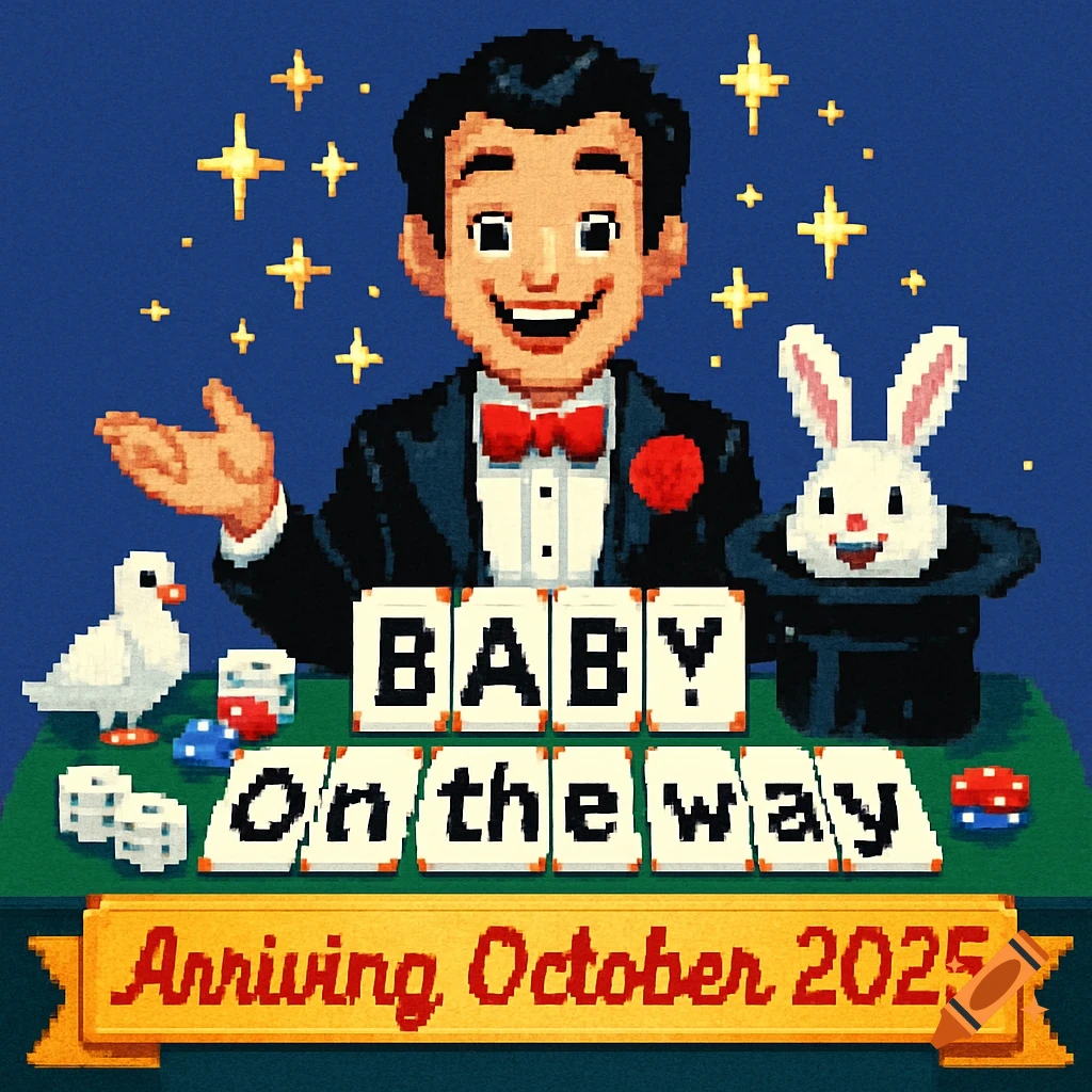 A pixel art image of a smiling magician presenting playing cards that spell 'BABY On the way', with a rabbit in a hat, a dove, and a banner reading 'Arriving October 2025'.