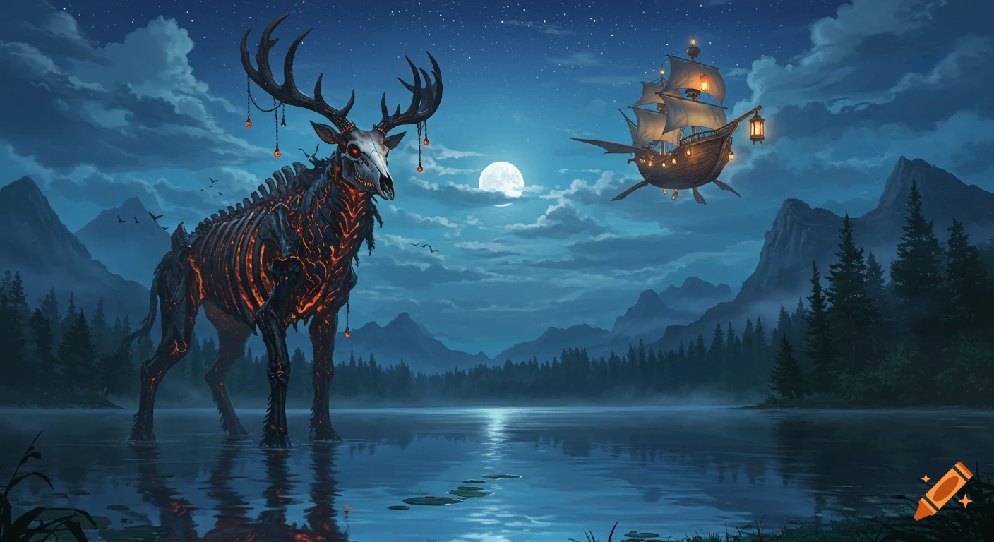 A massive skeletal stag with glowing cracks stands in a moonlit lake, with a lantern-lit flying ship hovering above.