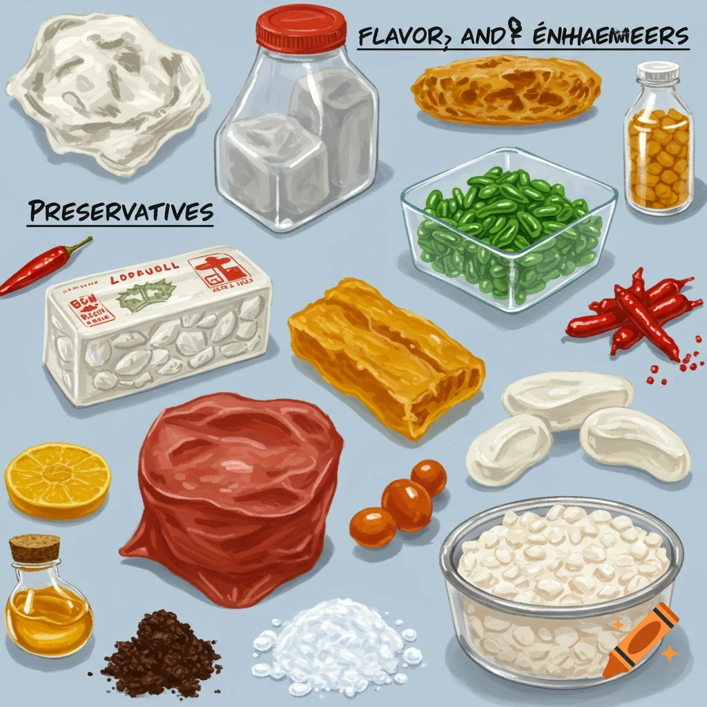 An illustration of various food preservatives and flavor enhancers, including salt, spices, dried items, and liquids on a light blue background.