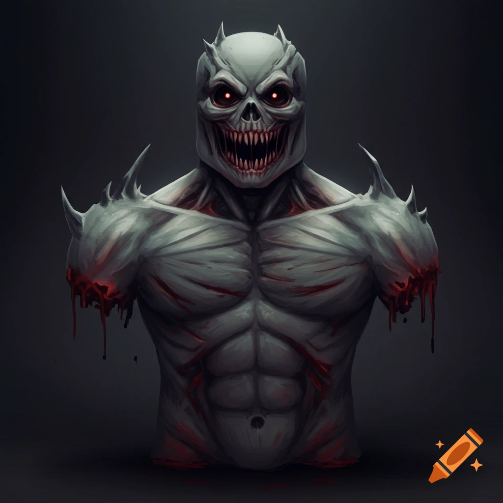 A horrifying monster torso with pale skin, exposed muscles, sharp teeth, glowing red eyes, and bloody arm stumps against a dark background.