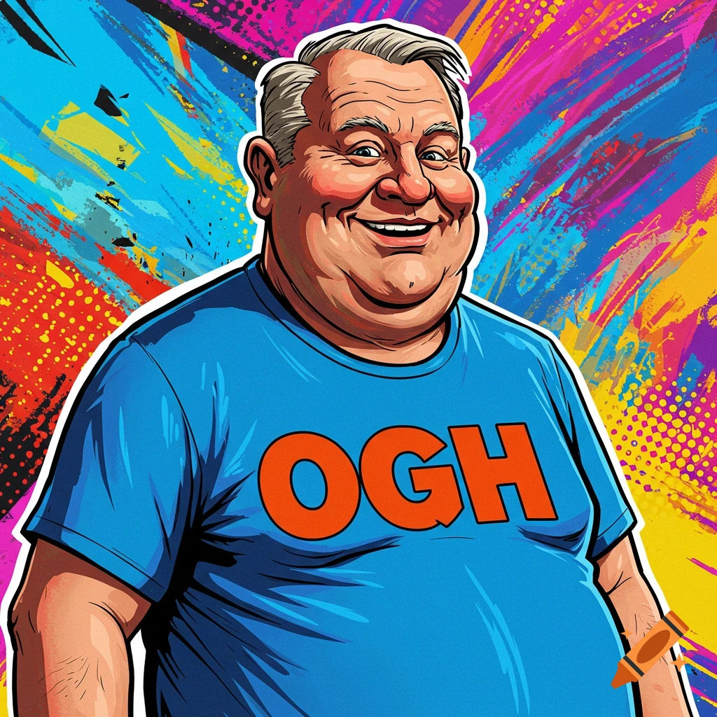 Cartoon illustration of a smiling older man in a blue t-shirt with 'OGH' written on it, against a colorful abstract background.