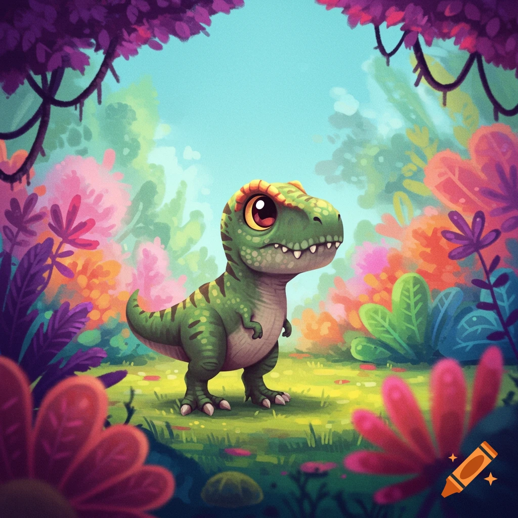 A cute, big-eyed baby T-rex stands in a vibrant, colorful cartoon jungle with lush foliage.