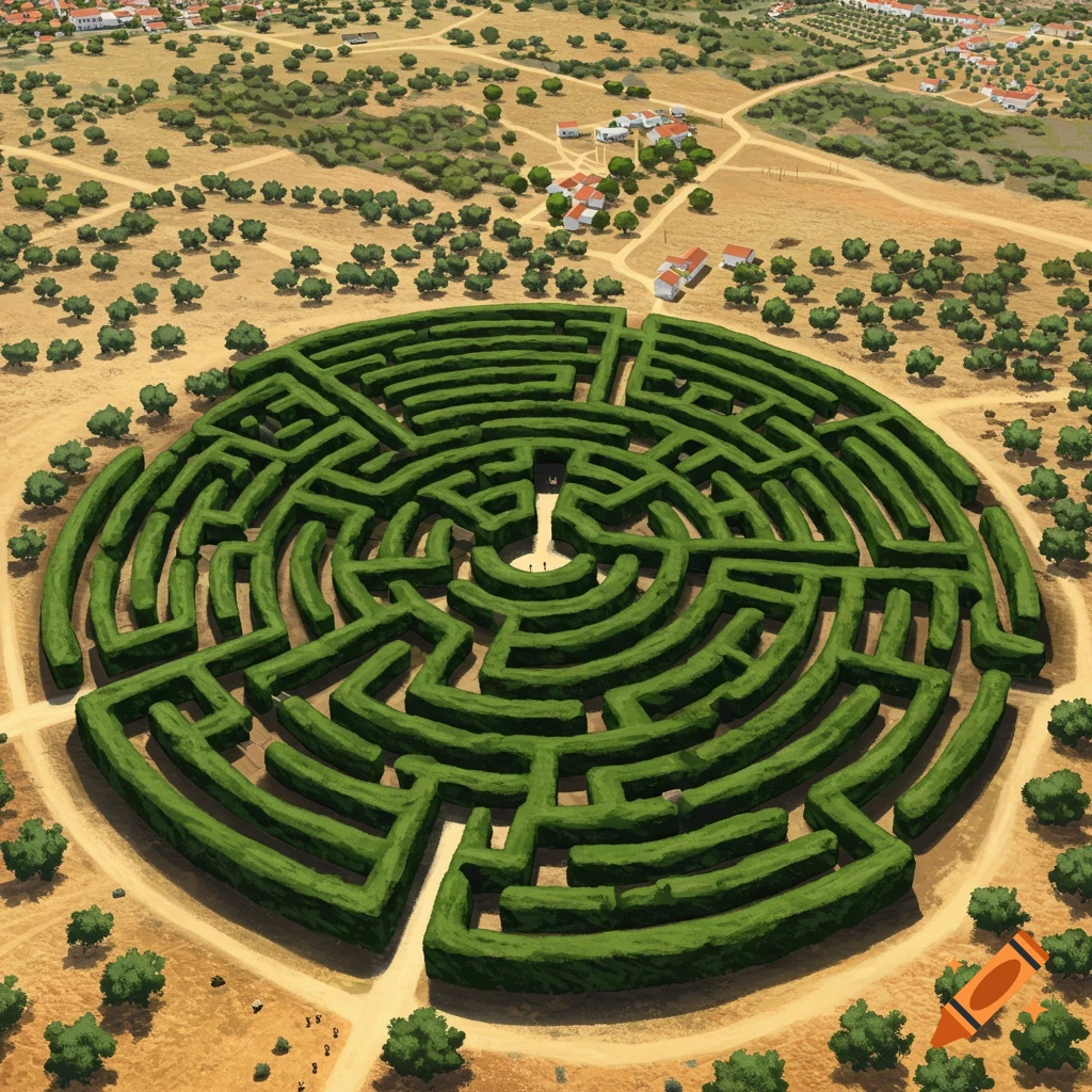 Aerial view of a large circular hedge maze surrounded by dry fields, scattered trees, and small buildings under a clear sky.