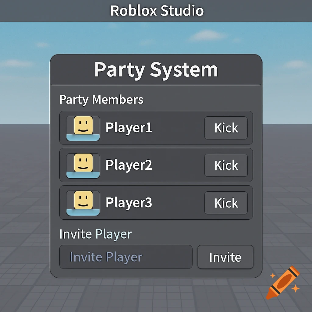 A graphical user interface for a Roblox Studio party system, showing a list of players, kick buttons, and an invite player section.