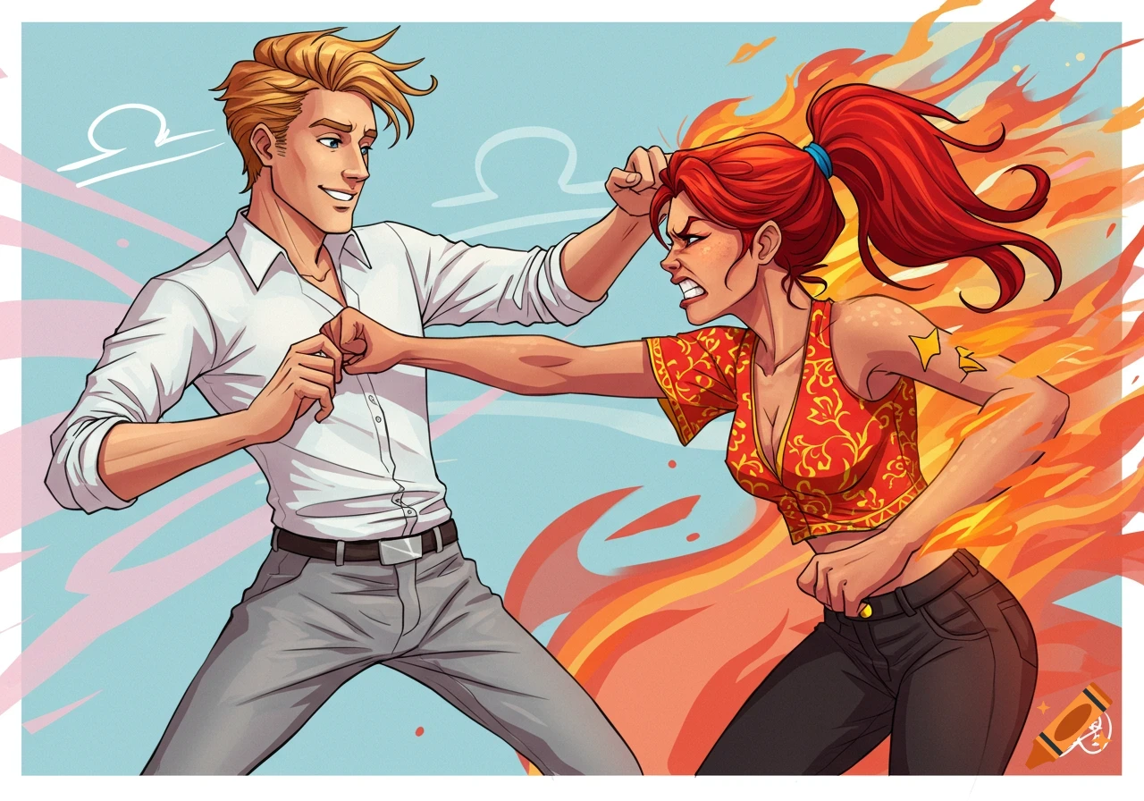 A cartoon illustration of a smiling man in a white shirt blocking an angry, fiery red-haired woman, with Libra symbols in the background.