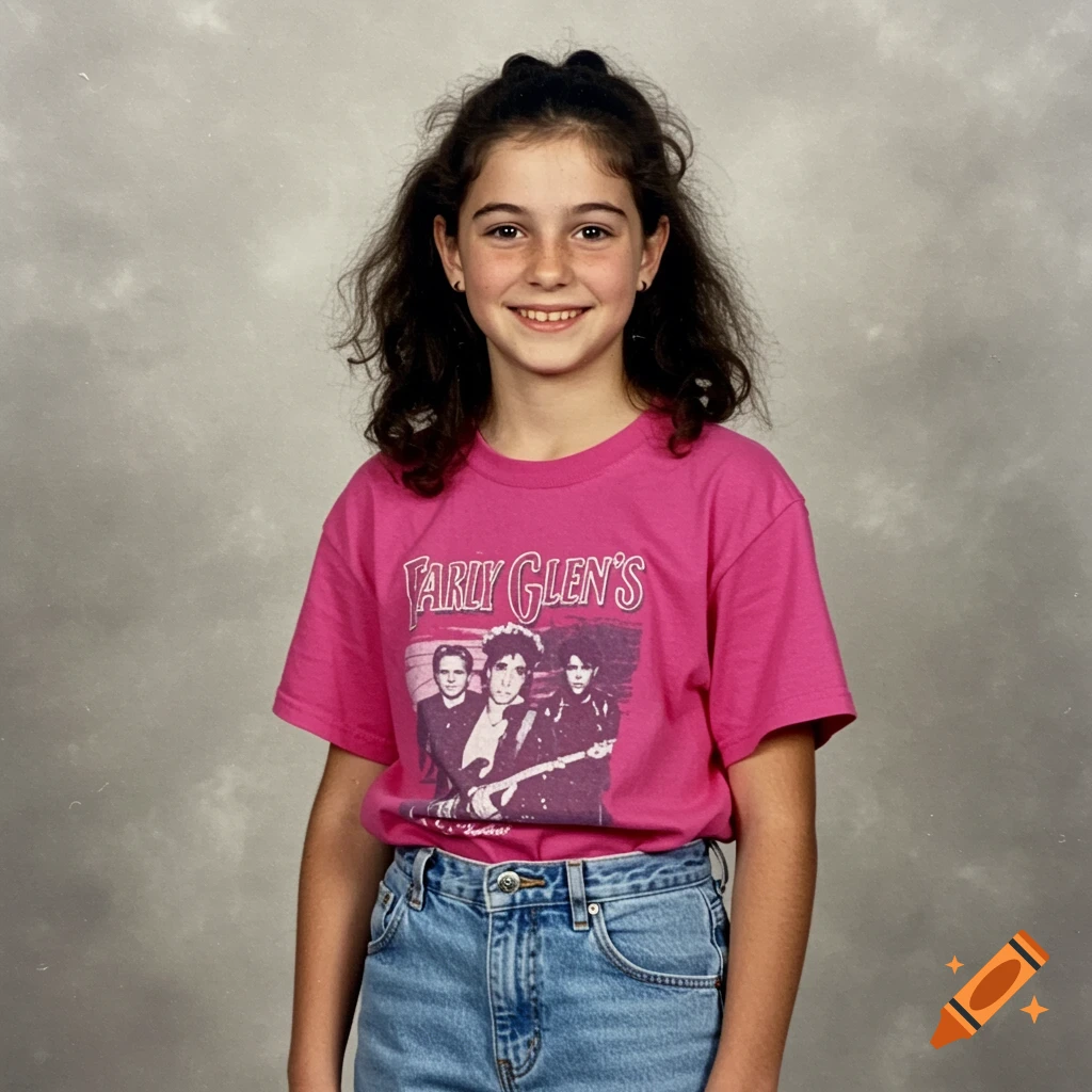 A smiling young girl with curly hair wears a pink t-shirt with a band graphic and jeans, against a grey background in a yearbook photo style.