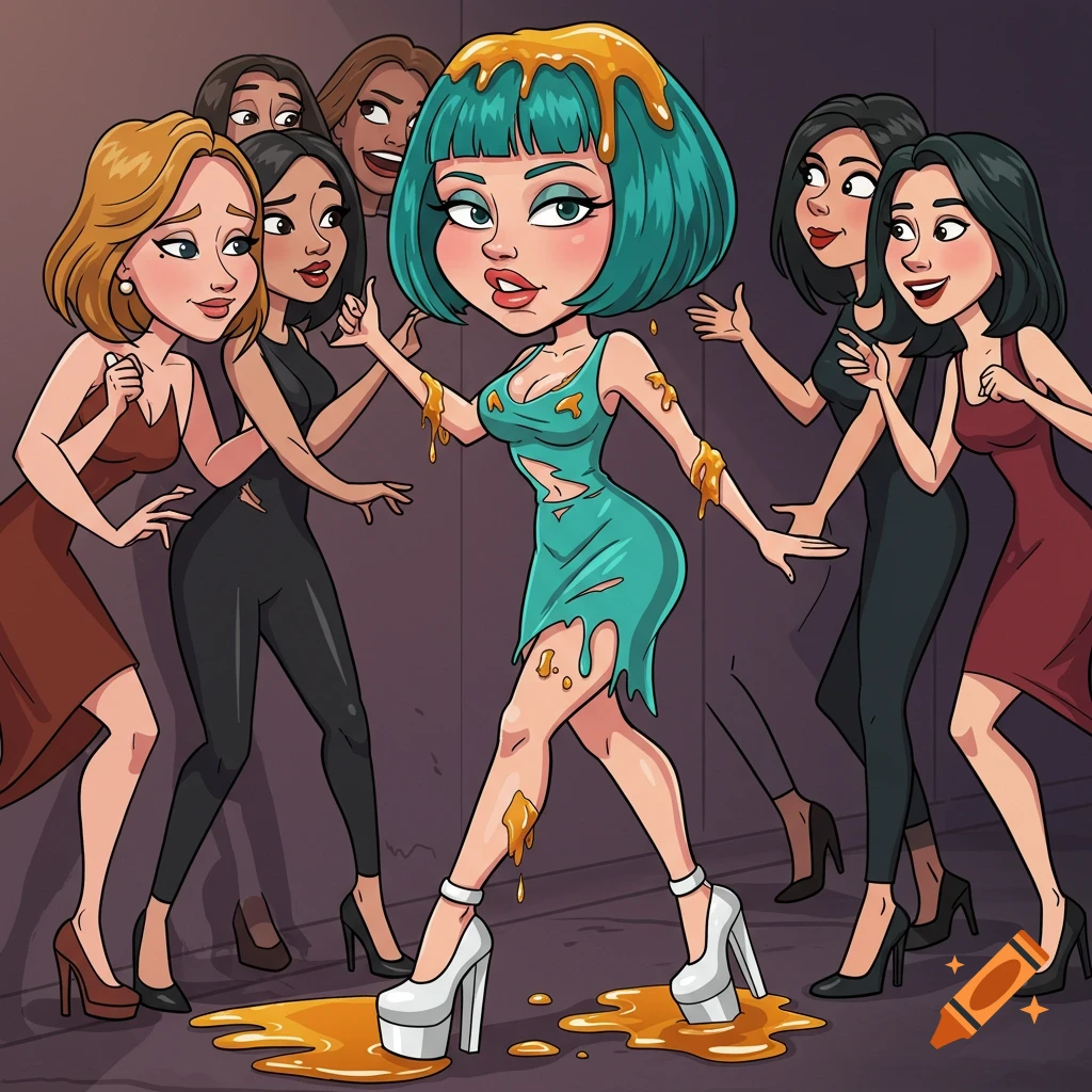 Cartoon caricature of a woman with teal hair and a torn dress covered in dripping treacle, surrounded by other women.