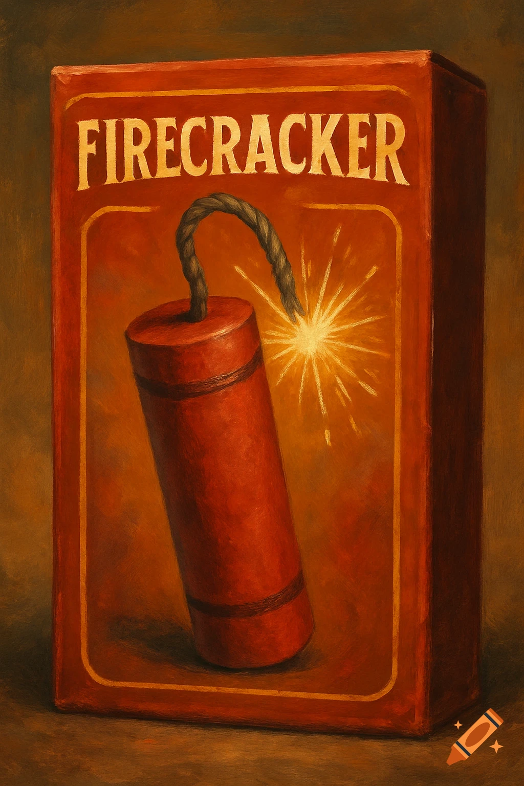 A painted concept art of a red firecracker box with 'FIRECRACKER' written on it, featuring a lit firecracker sparking.