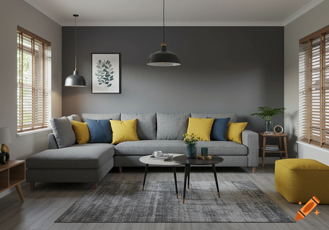 A modern living room with a gray L-shaped sofa, yellow and blue pillows, two round coffee tables, a textured rug, and wooden blinds.