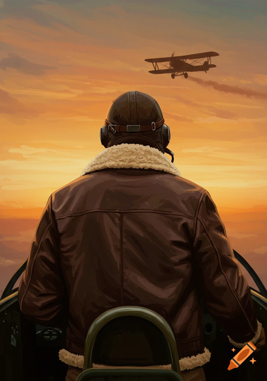 Illustration of a vintage pilot viewed from behind in a cockpit, looking out at another biplane flying in a golden sunset sky.