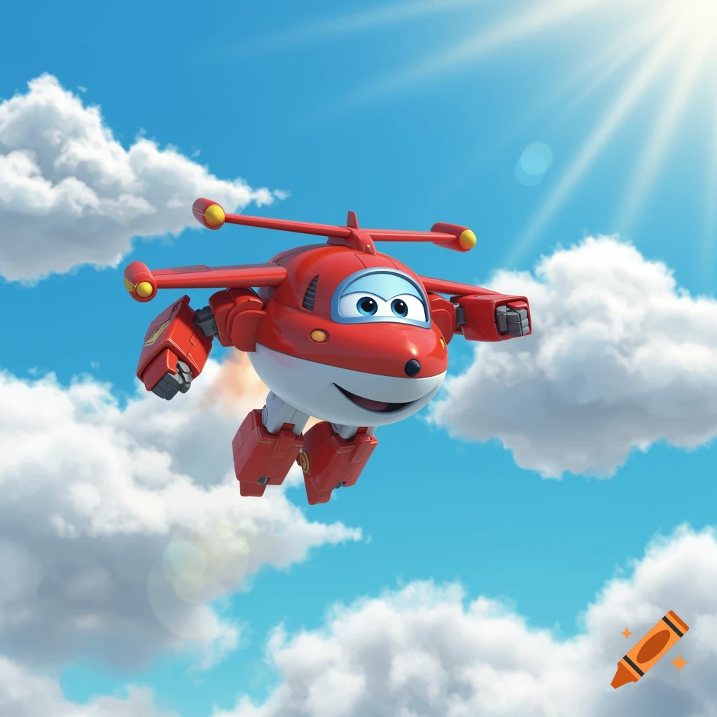 A smiling red and white cartoon airplane, Jett from Super Wings, flies in a bright blue sky with white clouds and sun rays.