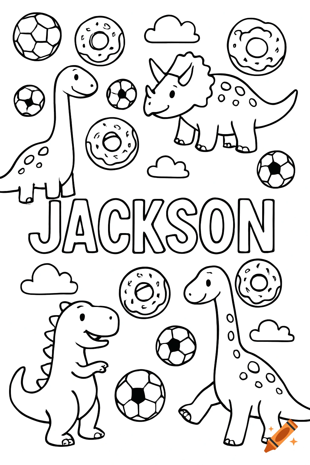 Black and white coloring page with cartoon dinosaurs, soccer balls, donuts, clouds, and the name 'JACKSON'.