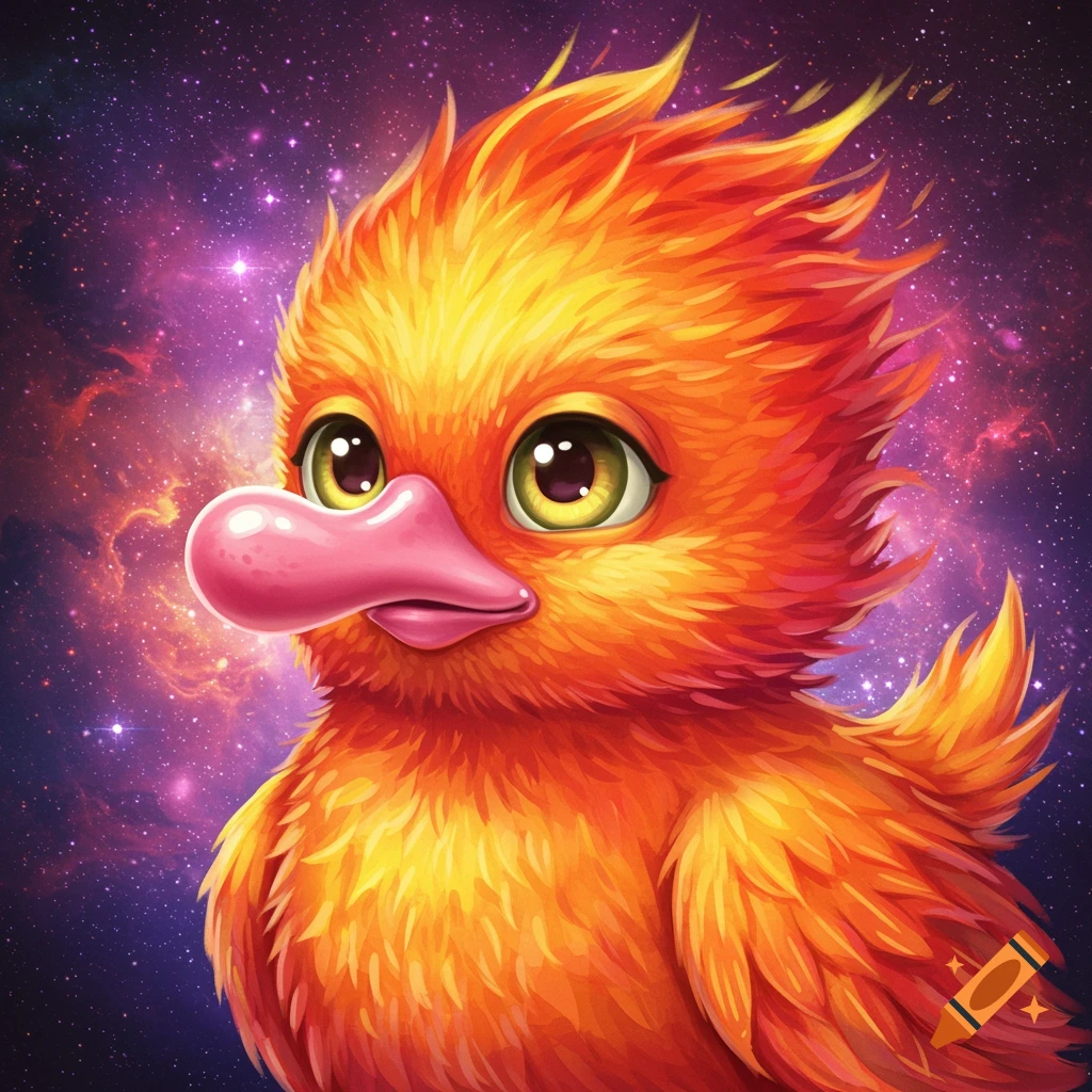 A cute, orange, feathered baby phoenix with large eyes and a pink, bulbous nose, set against a starry galaxy background in a cartoon style.