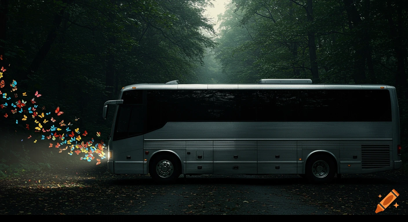 A silver bus with blacked-out windows drives down a dark forest road, its headlights illuminating a swirling trail of colorful butterflies.
