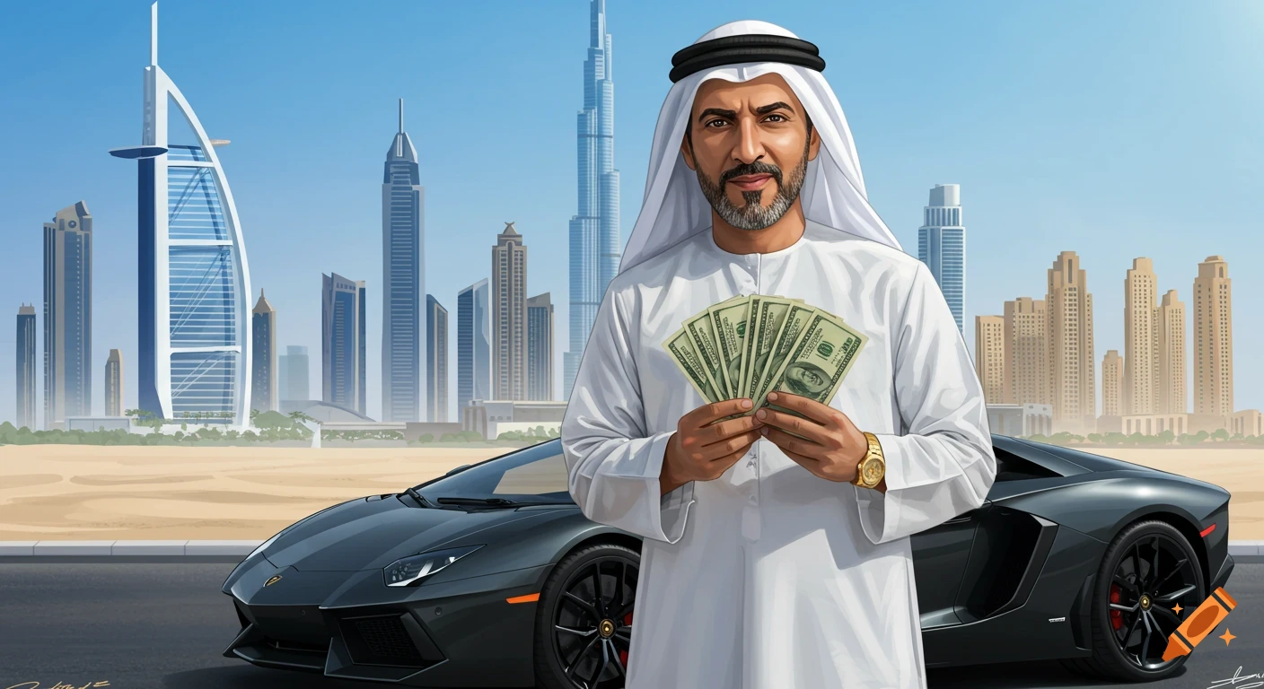 An Arab man holds a fan of money in front of a black Lamborghini with the Dubai skyline and skyscrapers in the background.
