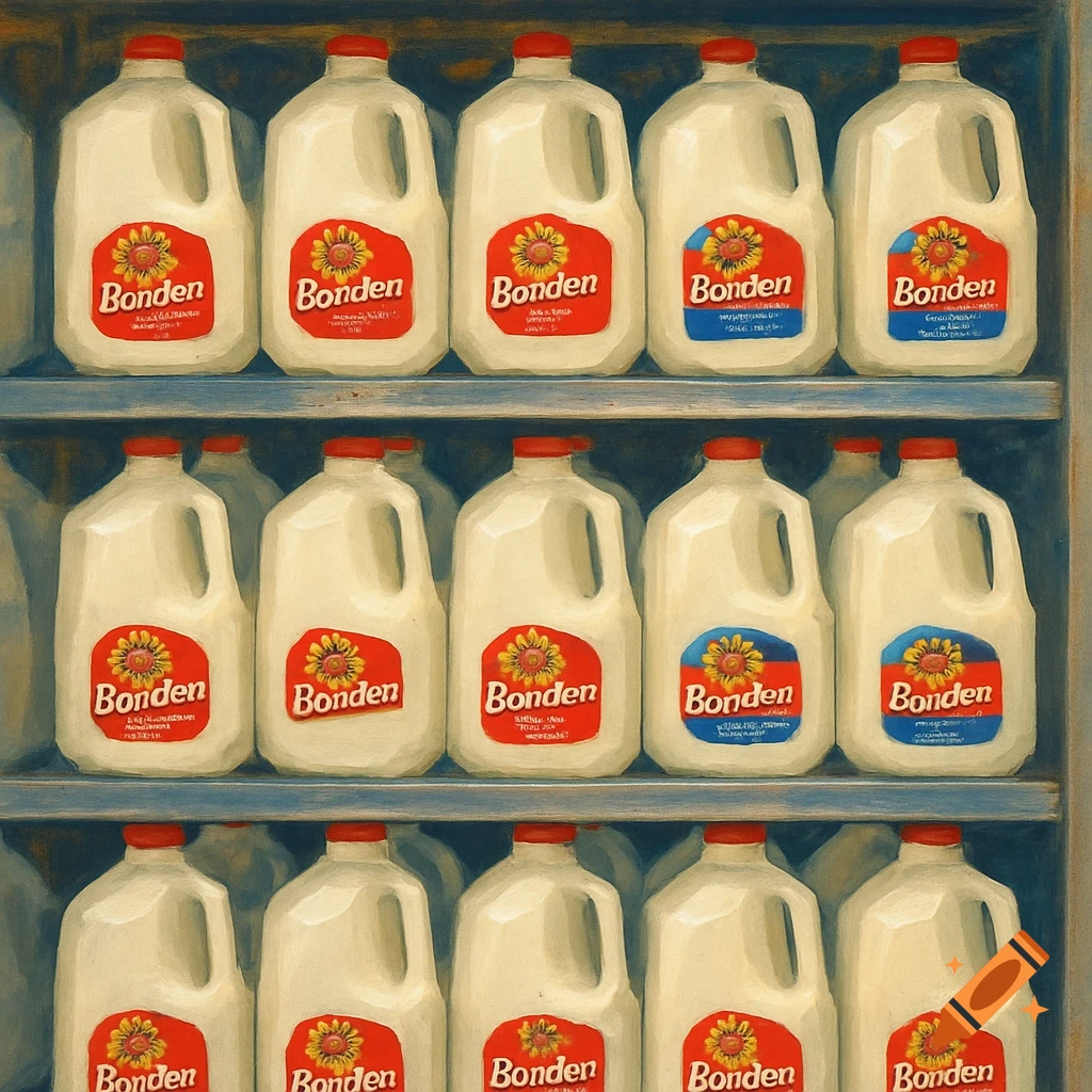 Rows of milk jugs with red and blue sunflower labels on grocery store shelves, in a painted style.