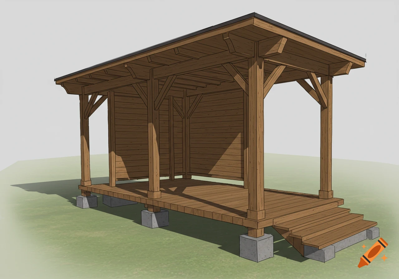 3D rendering of a wooden gazebo with a sloped roof, concrete foundations, and steps, on a grassy field.