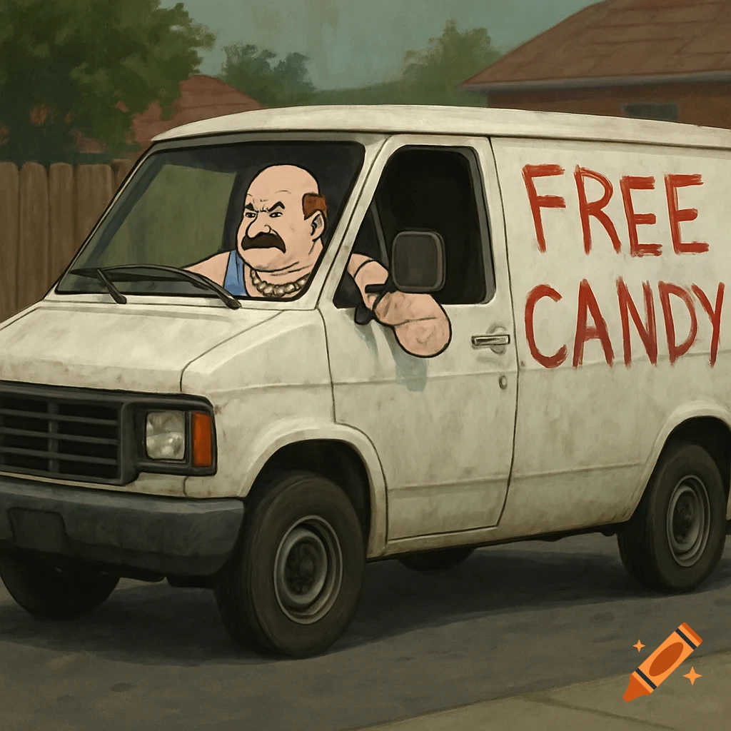Cartoon character Carl from Aqua Teen Hunger Force drives a white van with 'FREE CANDY' painted on the side.