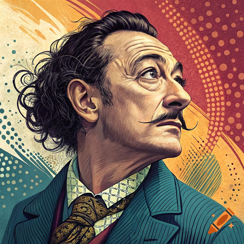 Pop art portrait of Salvador Dalí with his signature mustache looking to the right against a colorful, patterned background.