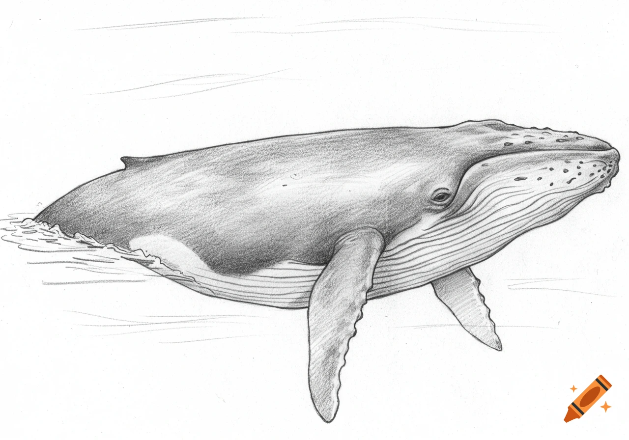 A detailed pencil sketch of a humpback whale swimming in water.