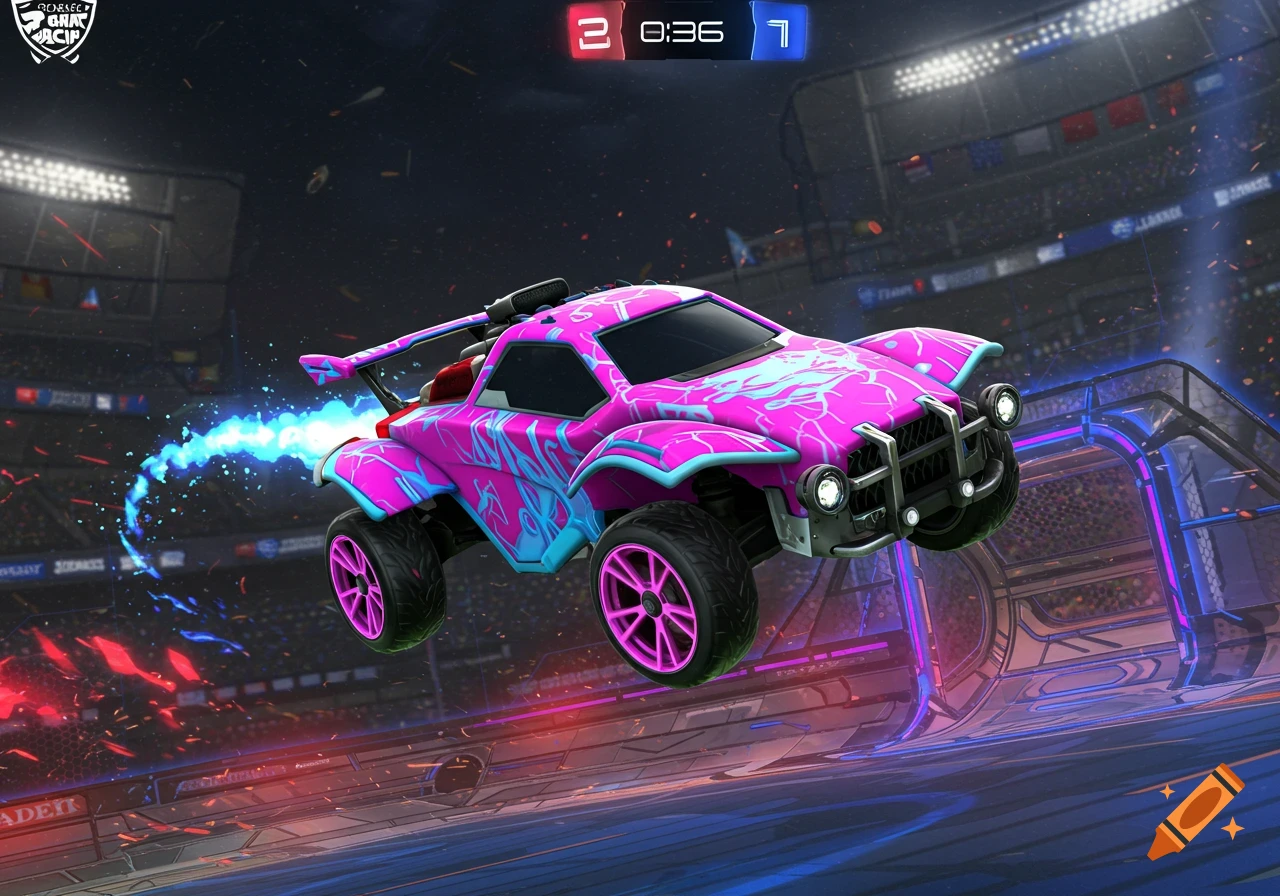 A pink and blue stylized car jumps in a futuristic stadium, leaving a blue trail, with a game score overlay.