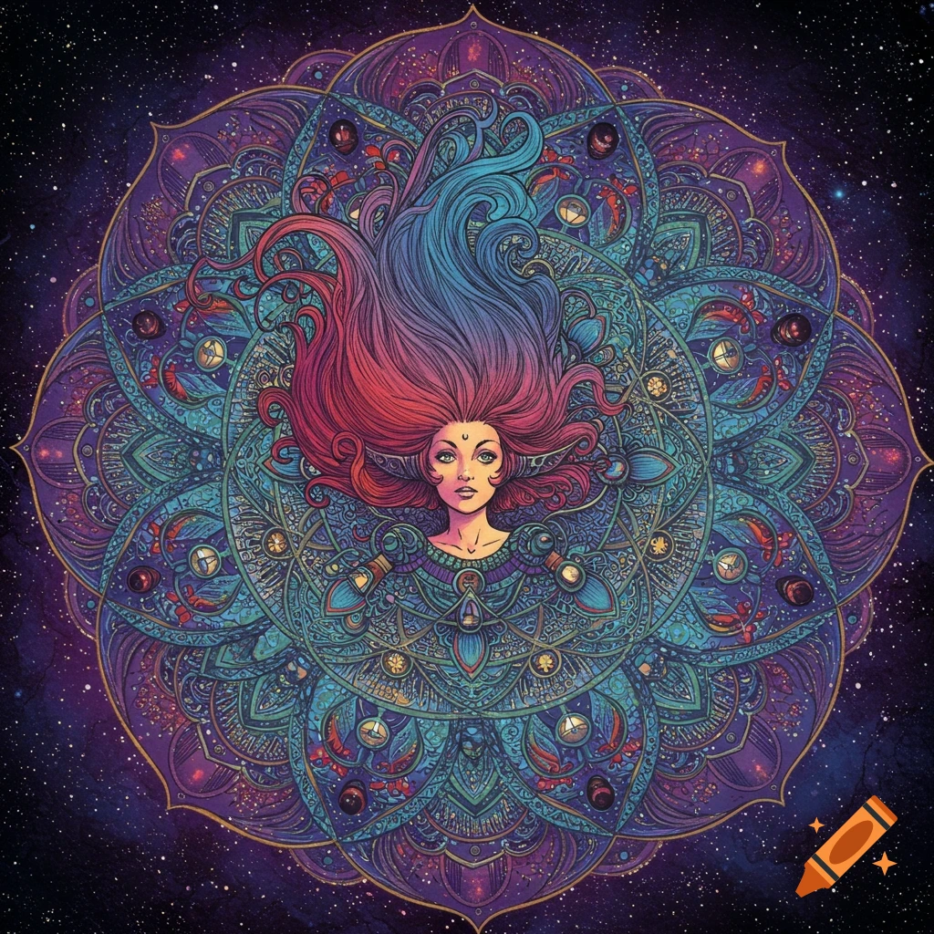 A woman with long, flowing pink and blue hair centered in a colorful, intricate psychedelic mandala against a starry cosmic background.