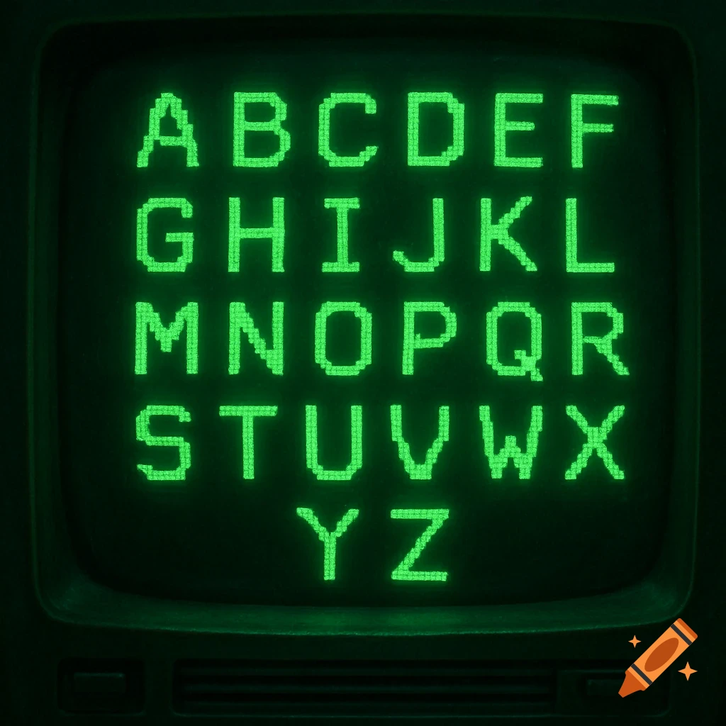 A complete alphabet (A-Z) in glowing green pixelated text displayed on a retro computer monitor.
