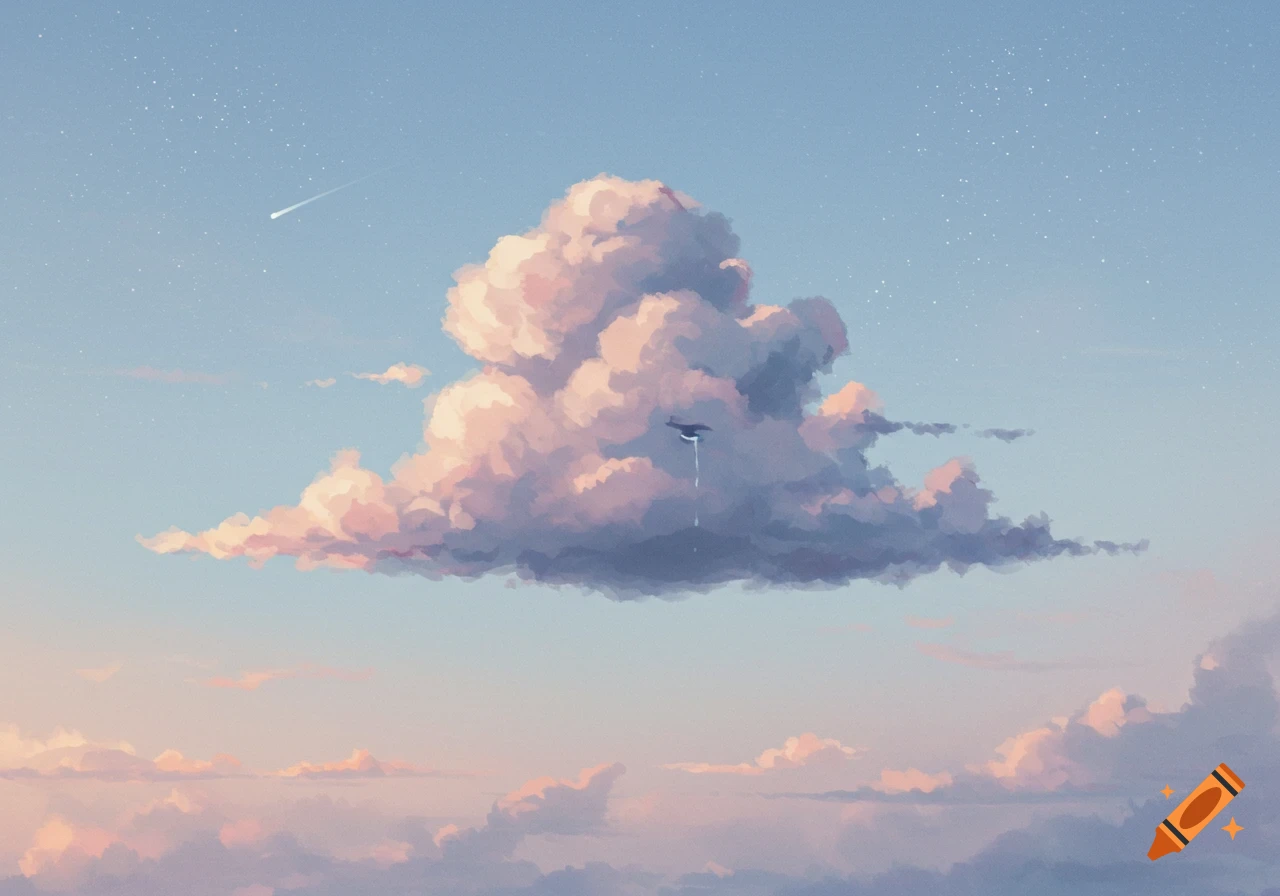 Dreamy illustration of a sad pink cloud with a small airplane dripping water, in a pastel sky with stars and a shooting star.