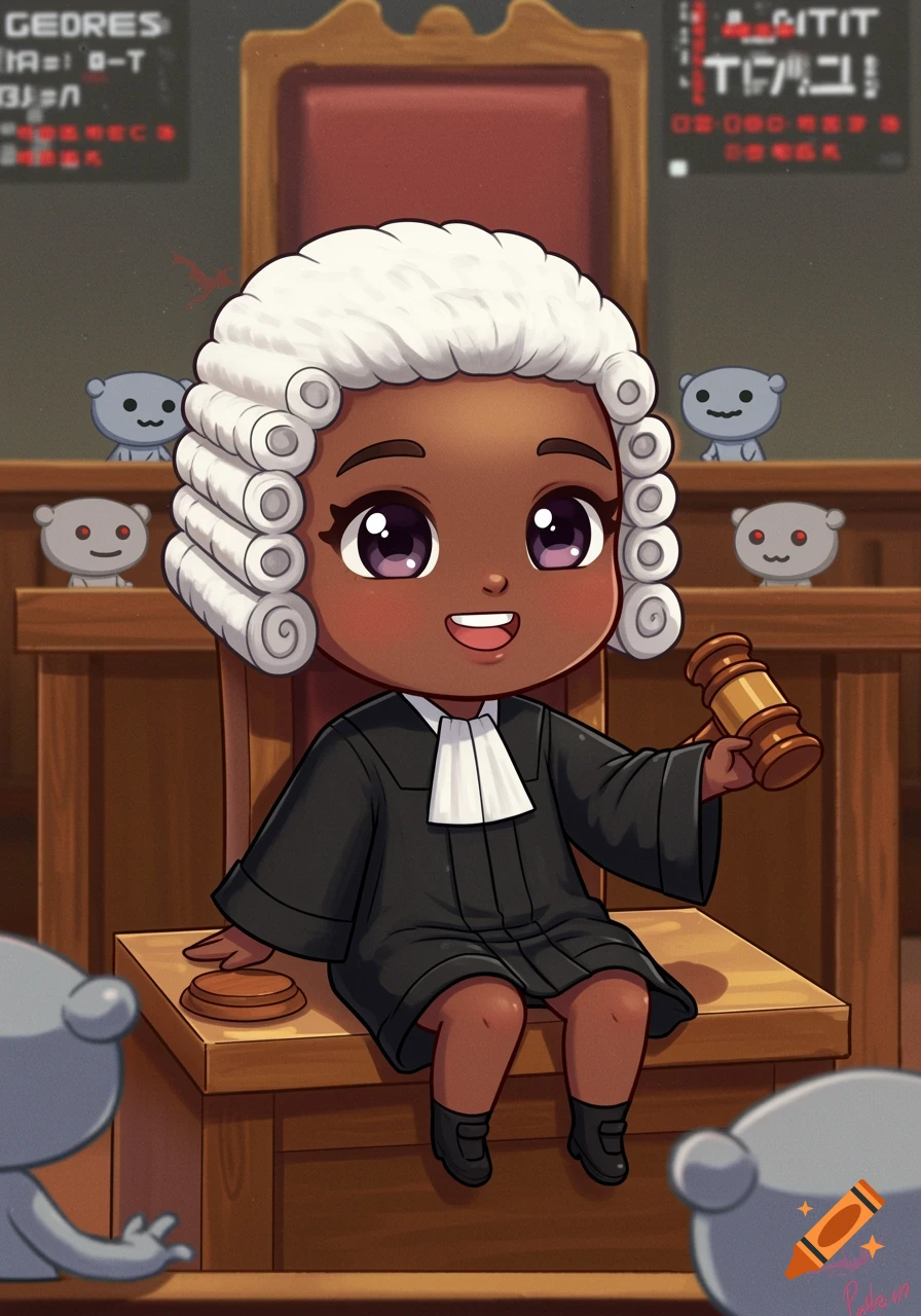 A cute cartoon Black girl in a judge's wig and robe holds a gavel in a courtroom with Reddit Snoo characters.