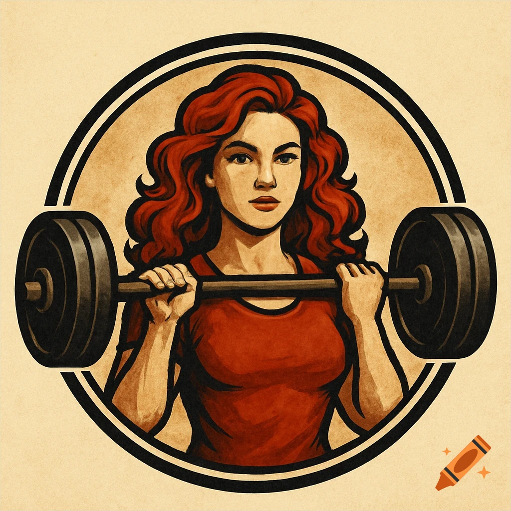 Vintage illustration of a red-haired woman lifting a barbell inside a circular logo.