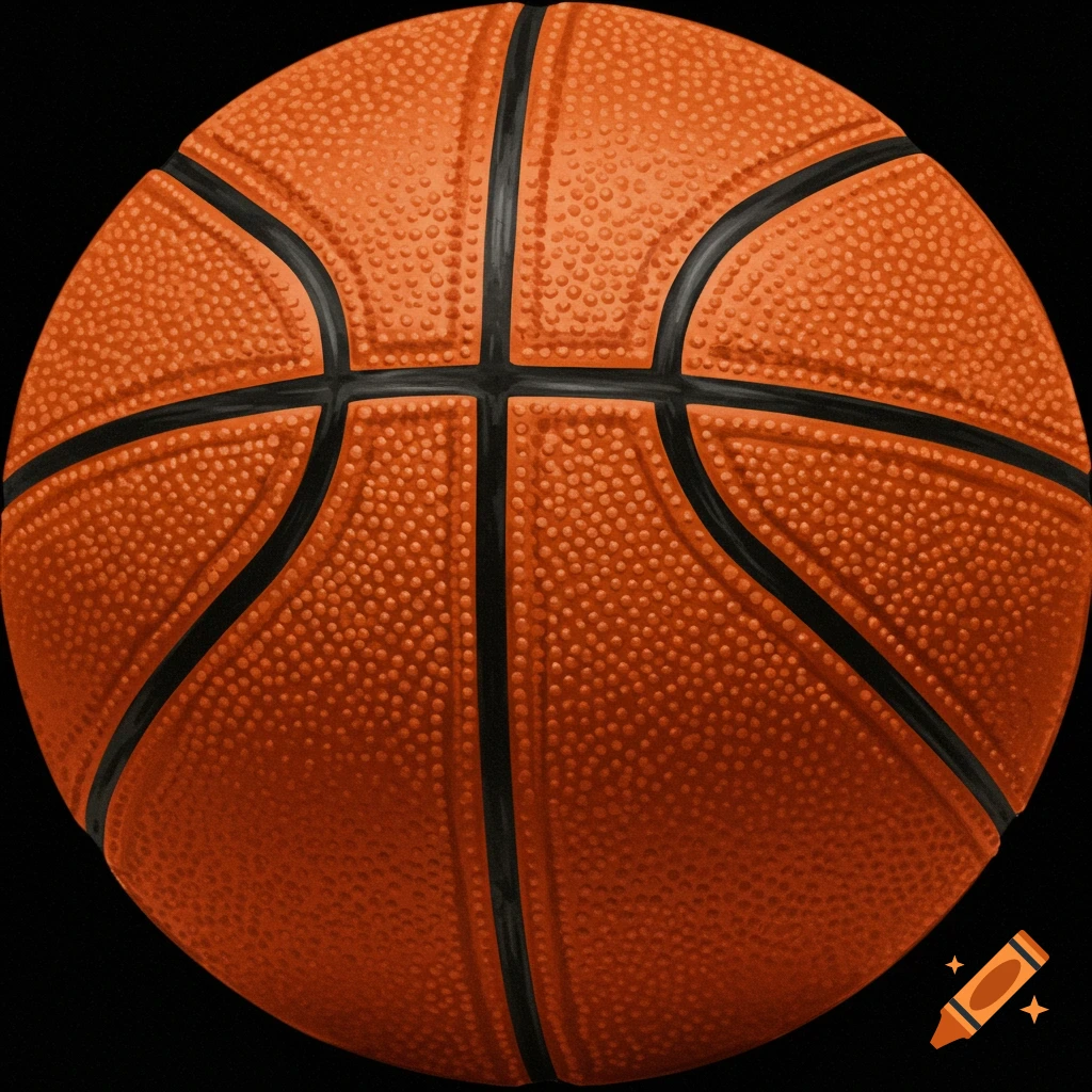 A detailed, close-up view of an orange basketball with black channels and pebbled texture against a black background.