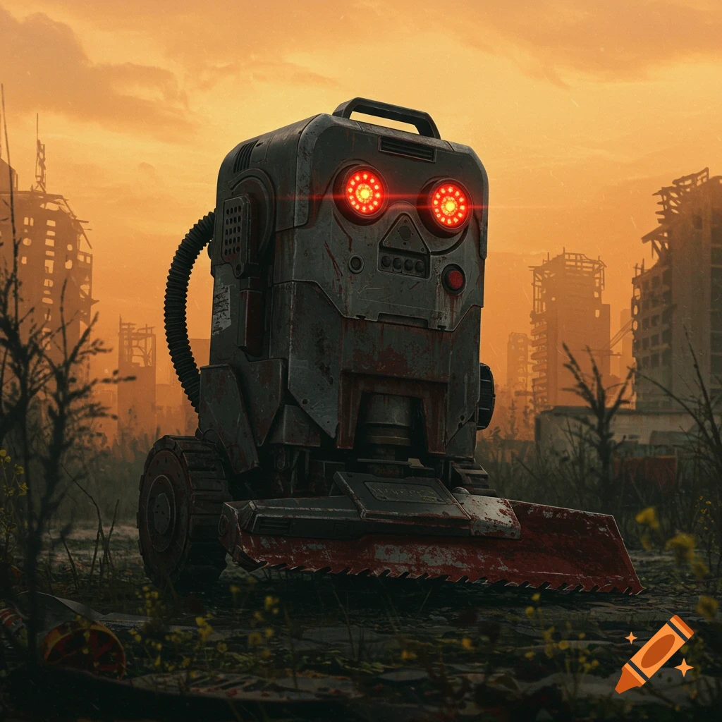 A weathered, rusted robot with glowing red eyes and a bloodied blade stands in a desolate, post-apocalyptic city at sunset.