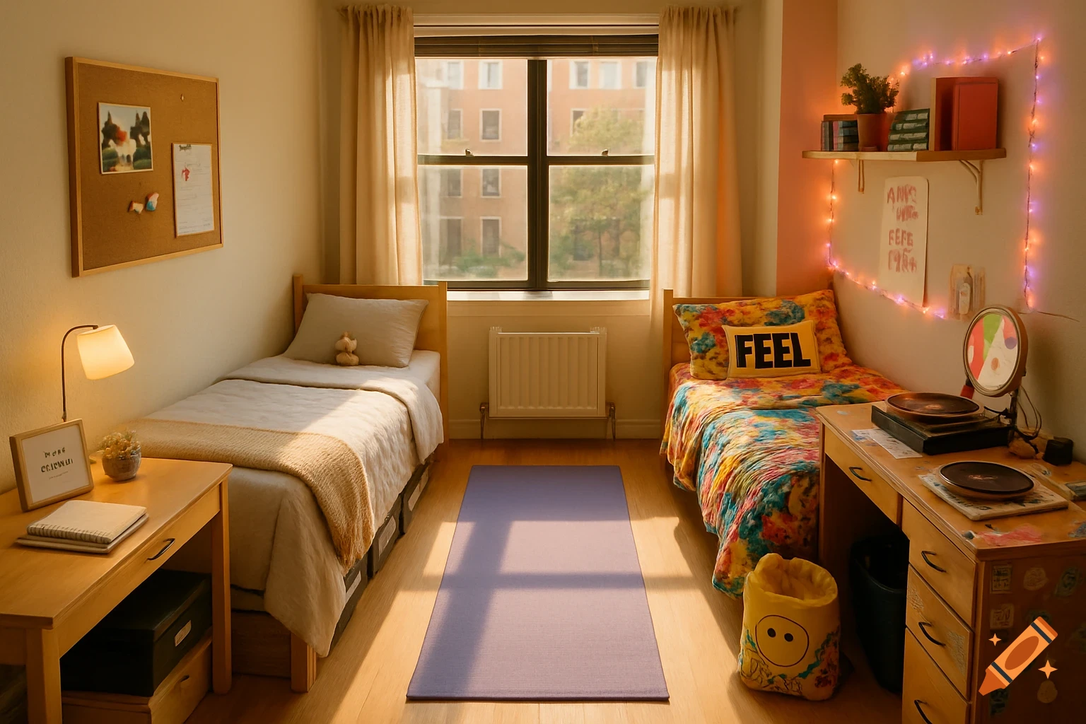 A sunlit dorm room with two beds, one neatly made with a light comforter, the other with a colorful quilt and a pillow saying 'FEEL'. Desks, a window, and string lights are visible.