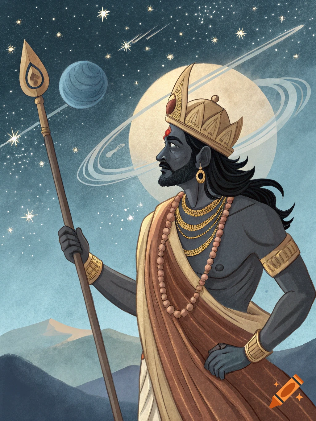 Stylized illustration of a dark-skinned Hindu god in a gold crown and jewelry, holding a spear, against a cosmic sky with a ringed planet.