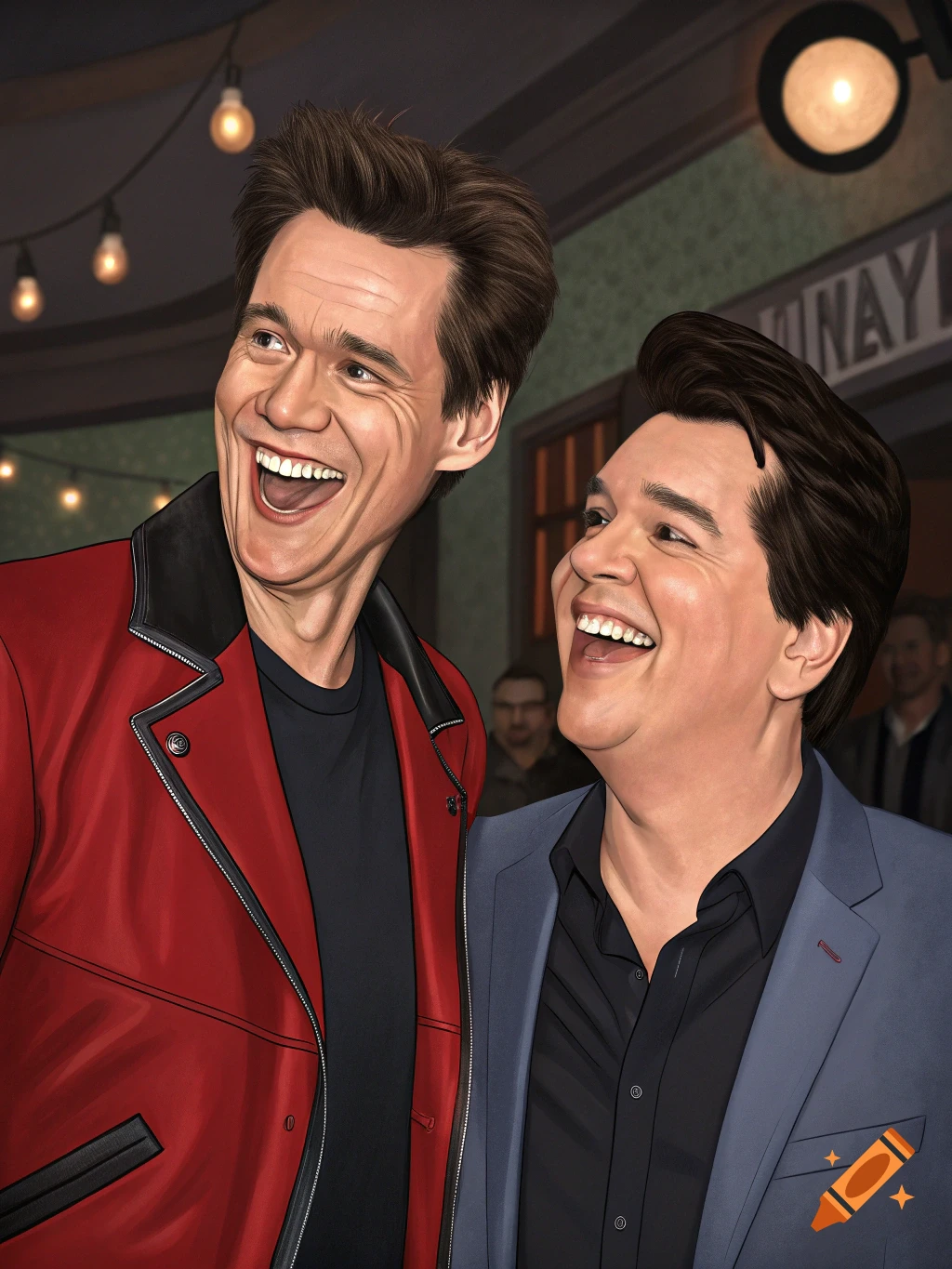 Stylized illustration of Jim Carrey and Michael McIntyre laughing together at an indoor event.