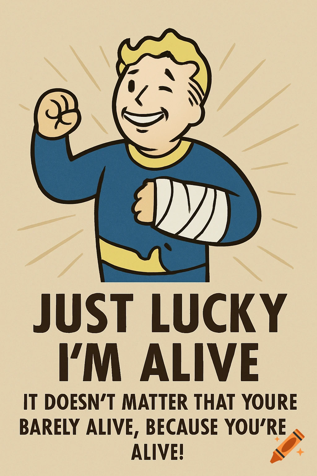 Vault Boy from Fallout, with a bandaged arm, winks and flexes, above text reading 'Just Lucky I'm Alive' and 'It doesn't matter that you're barely alive, because you're alive!'. Styled as a vintage poster.