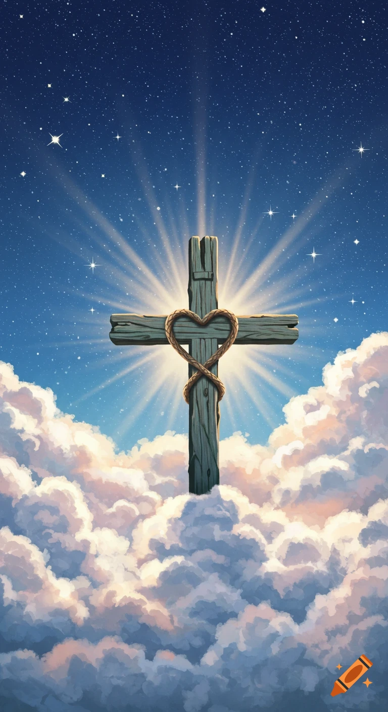 A wooden cross with a rope heart wrapped around it, bathed in radiant light among fluffy clouds and a starry night sky.