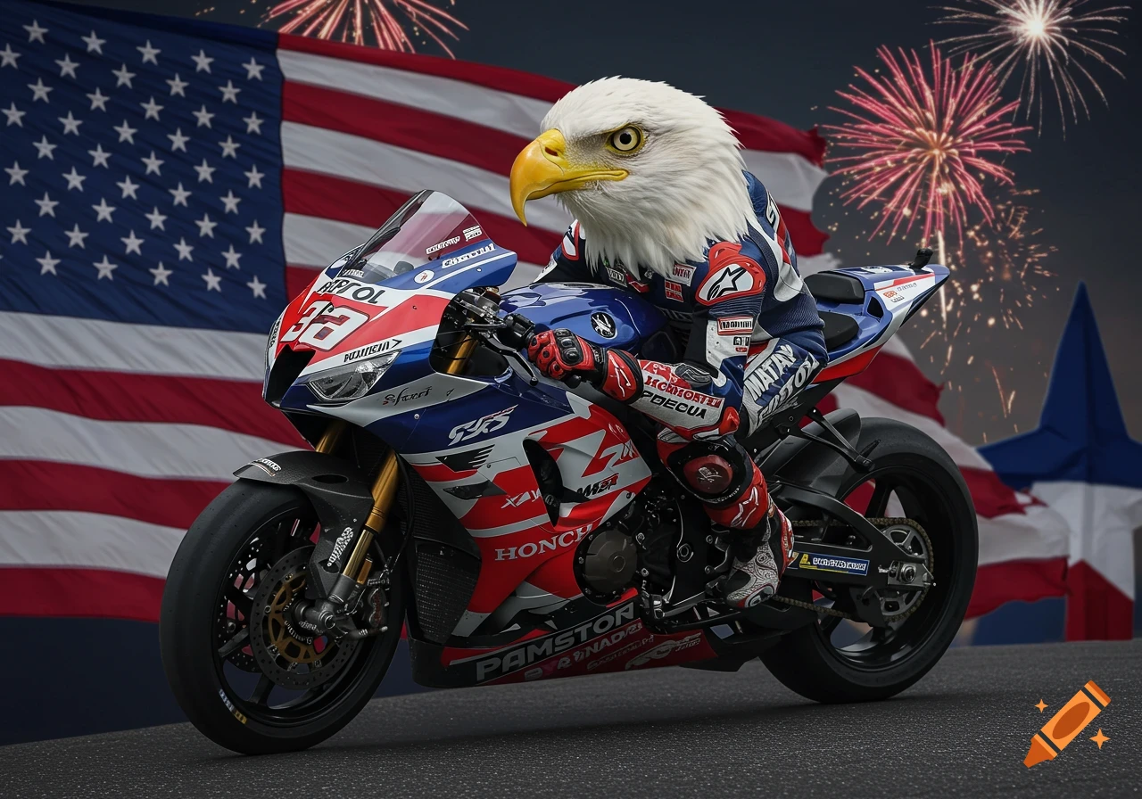 Photorealistic image of a bald eagle in a racing suit riding a patriotic sport bike on a track, with an American flag and fireworks in the background.