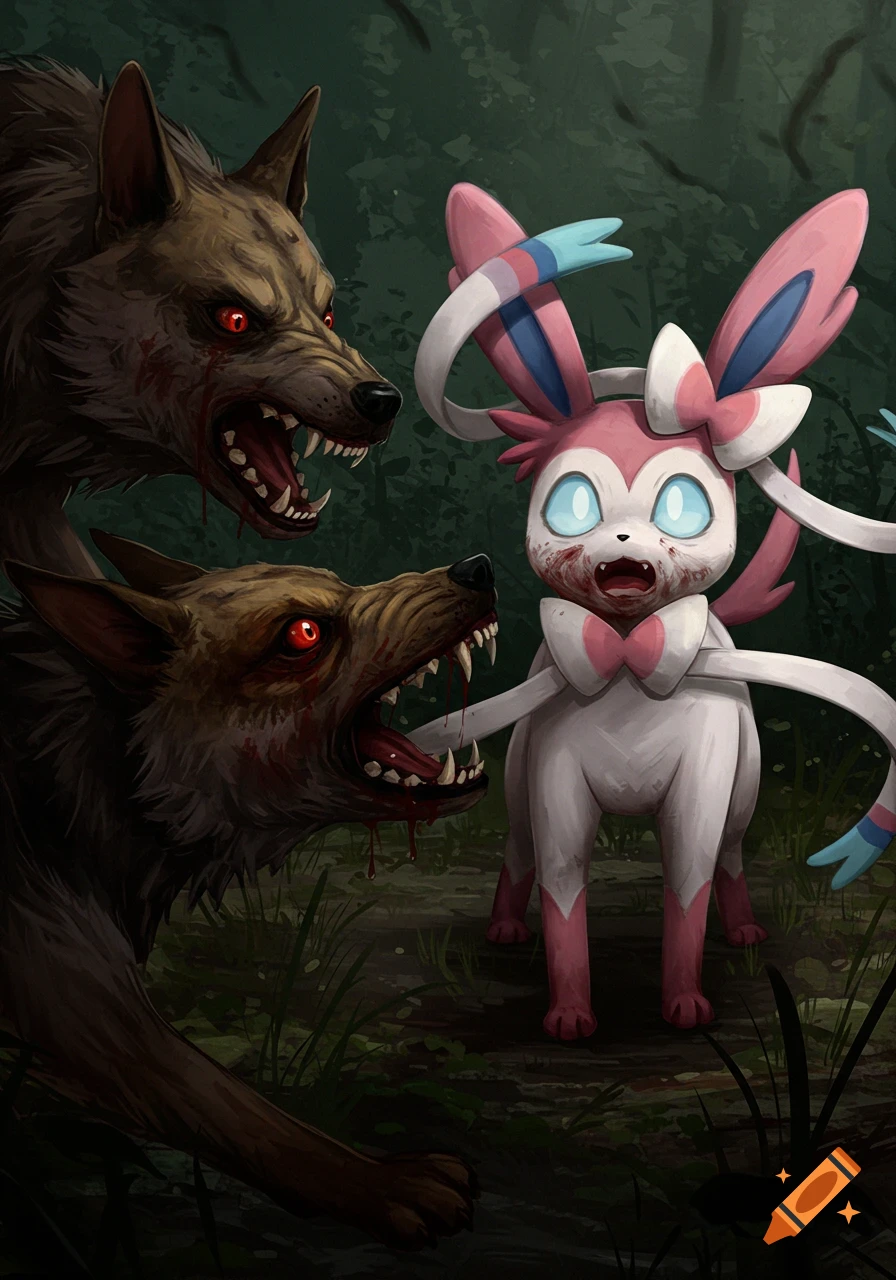 A scared Sylveon with blood on its face faces two rabid, blood-mouthed wolves in a dark, forest illustration.