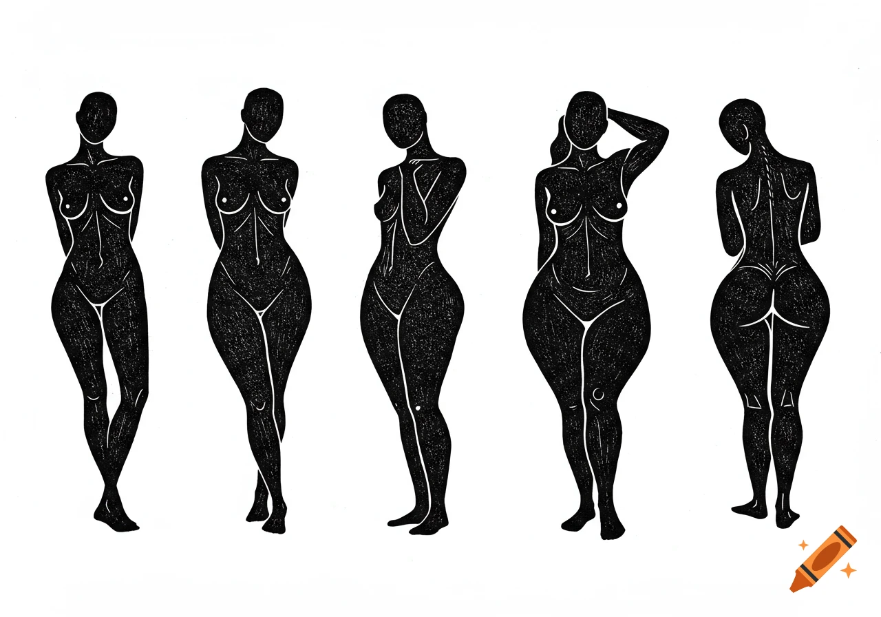 Five abstract black female silhouettes in various poses on a white background, in linocut style.