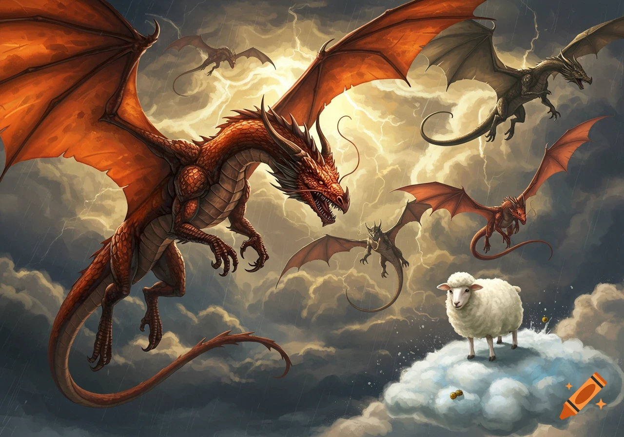 Red and gray dragons fly through a stormy sky with lightning, circling a white sheep standing on a cloud.