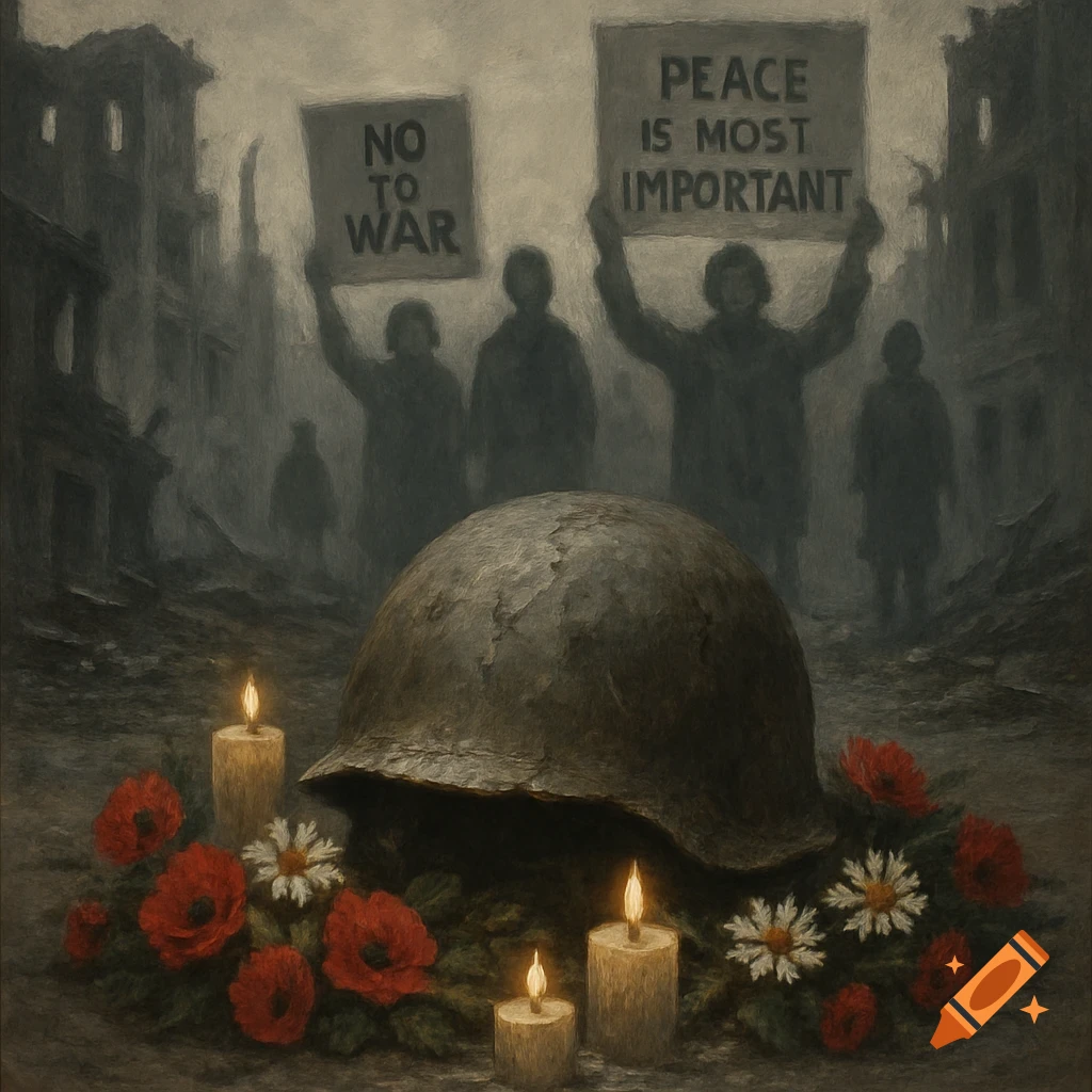 Gloomy painting of a broken military helmet, flowers, and candles in a destroyed city, with people holding 'No to War' and 'Peace is Most Important' signs.