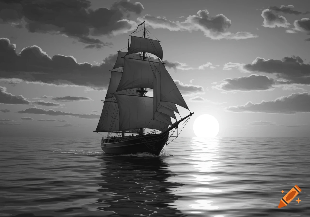 A black and white image of a large sailing ship on the ocean, silhouetted against a setting sun reflecting on the water.