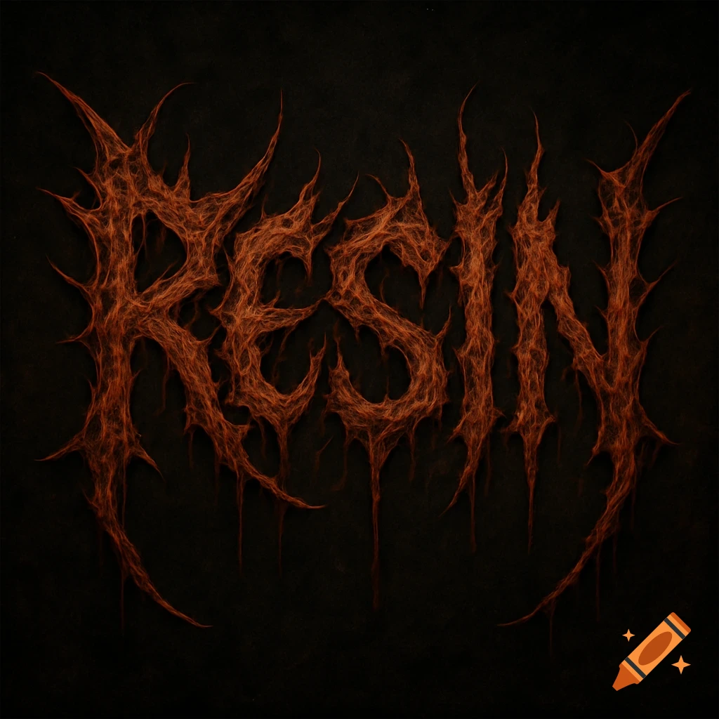 A slam metal band logo for 'RESIN' with spiky, organic, reddish-brown text on a dark background.