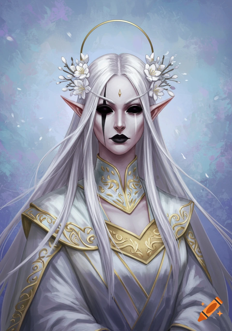 A pale female elf with long white hair, black eyes, and a black tear line. She wears ornate white and gold robes, with a halo and flowers.