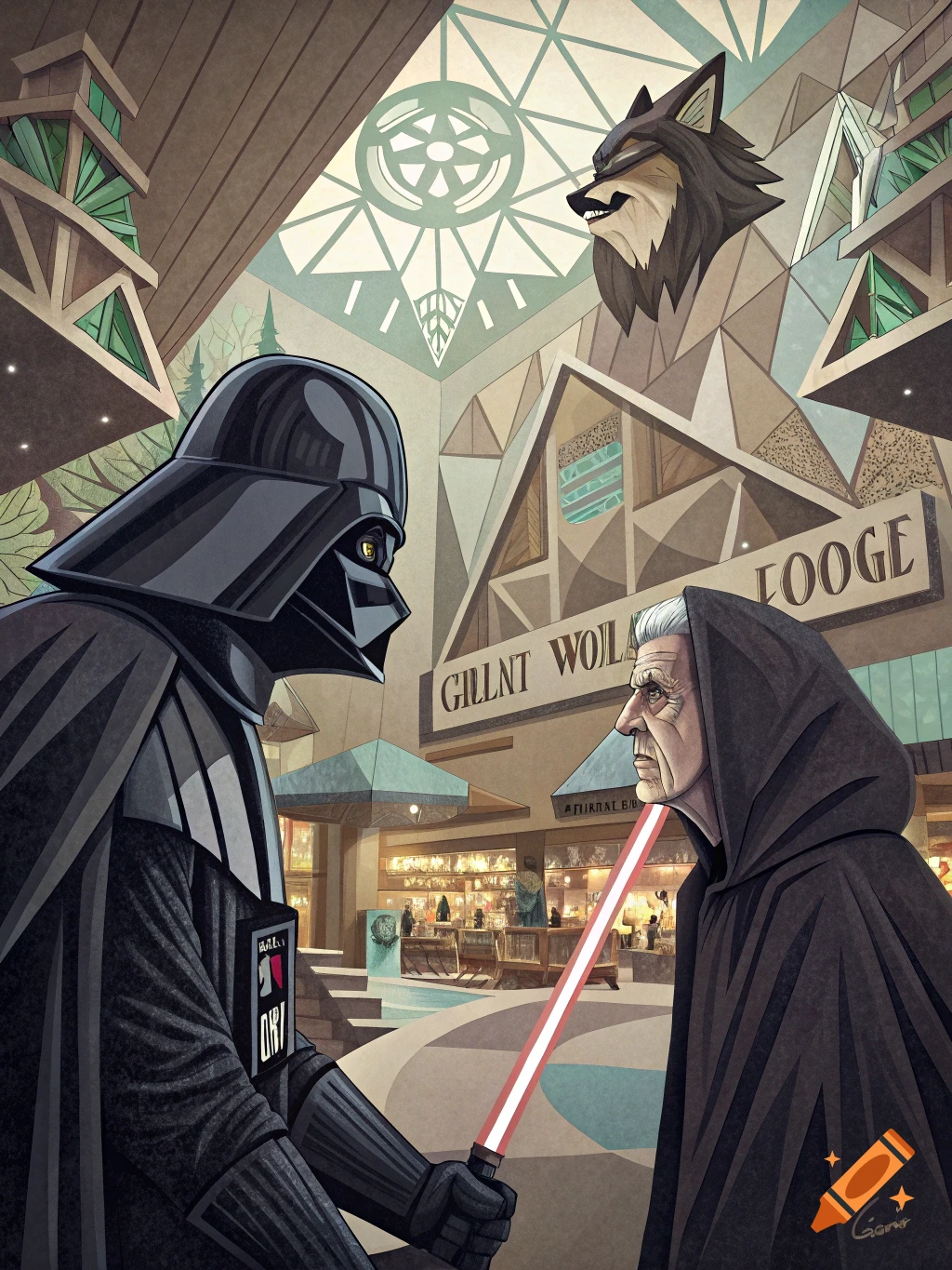 Darth Vader confronts Emperor Palpatine with a lightsaber in a cubist-style lodge with a wolf head logo.