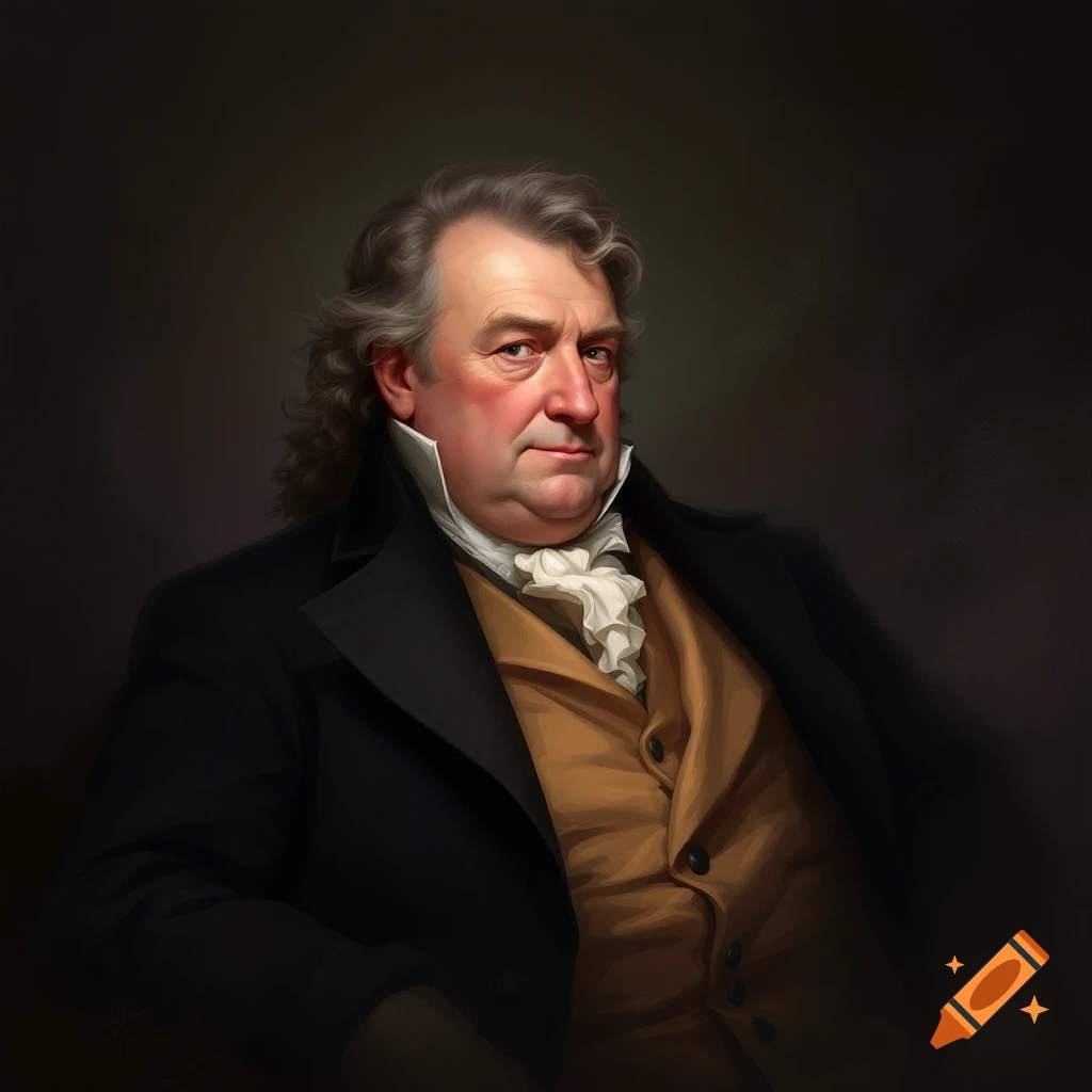 A formal portrait of an older man with grey curly hair, a black coat, and a white ruffled cravat, against a dark background.