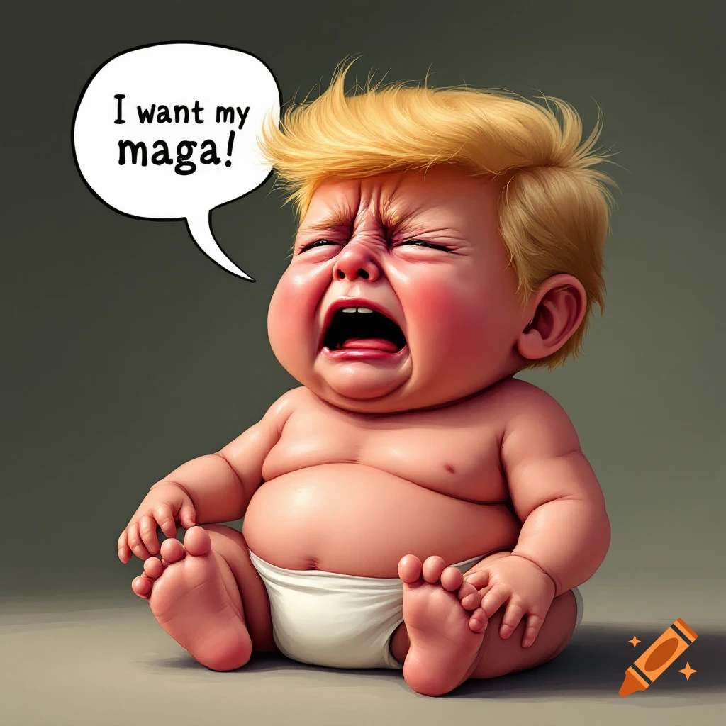 Cartoon crying baby caricature with blonde hair and a speech bubble reading 'I want my maga!'