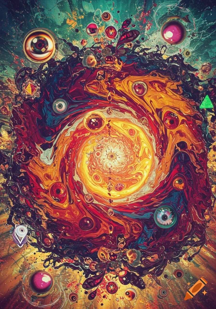 Vibrant abstract art with a swirling vortex of red, orange, and yellow, surrounded by numerous floating eyeballs and organic shapes on a green background, in a psychedelic style.
