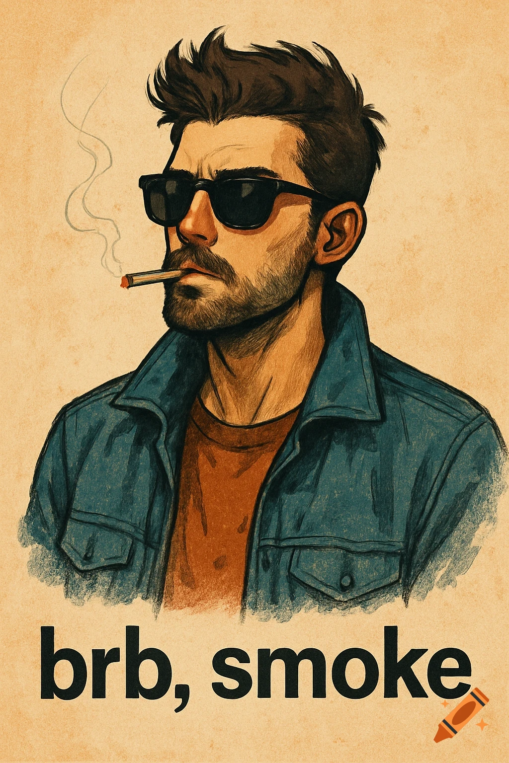 A vintage style illustration of a bearded man in sunglasses and a denim jacket smoking, with the text 'brb, smoke' below.